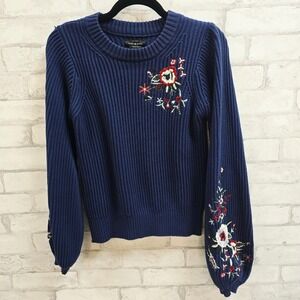 Lucky Brand Womens Navy Blue Floral Embroidered Ribbed Cotton Sweater XS